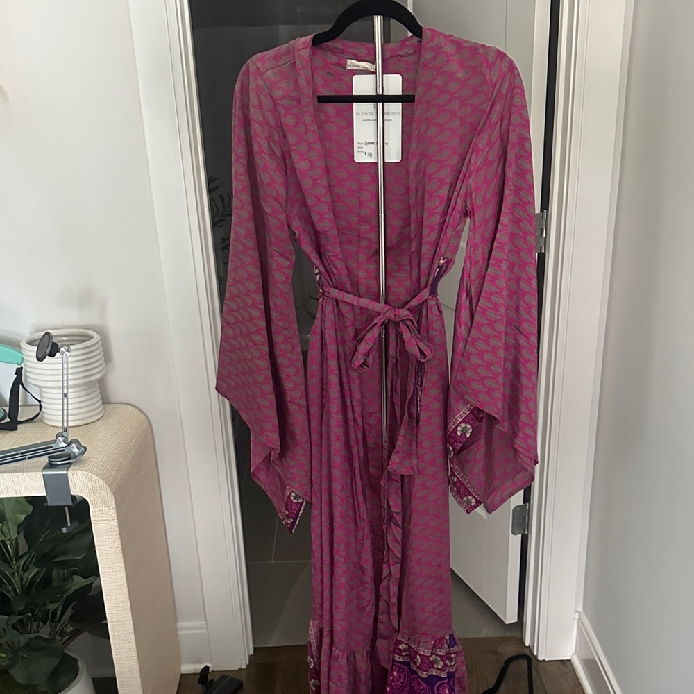 Women's Pink Patterned Wrap Robe with Tie Belt